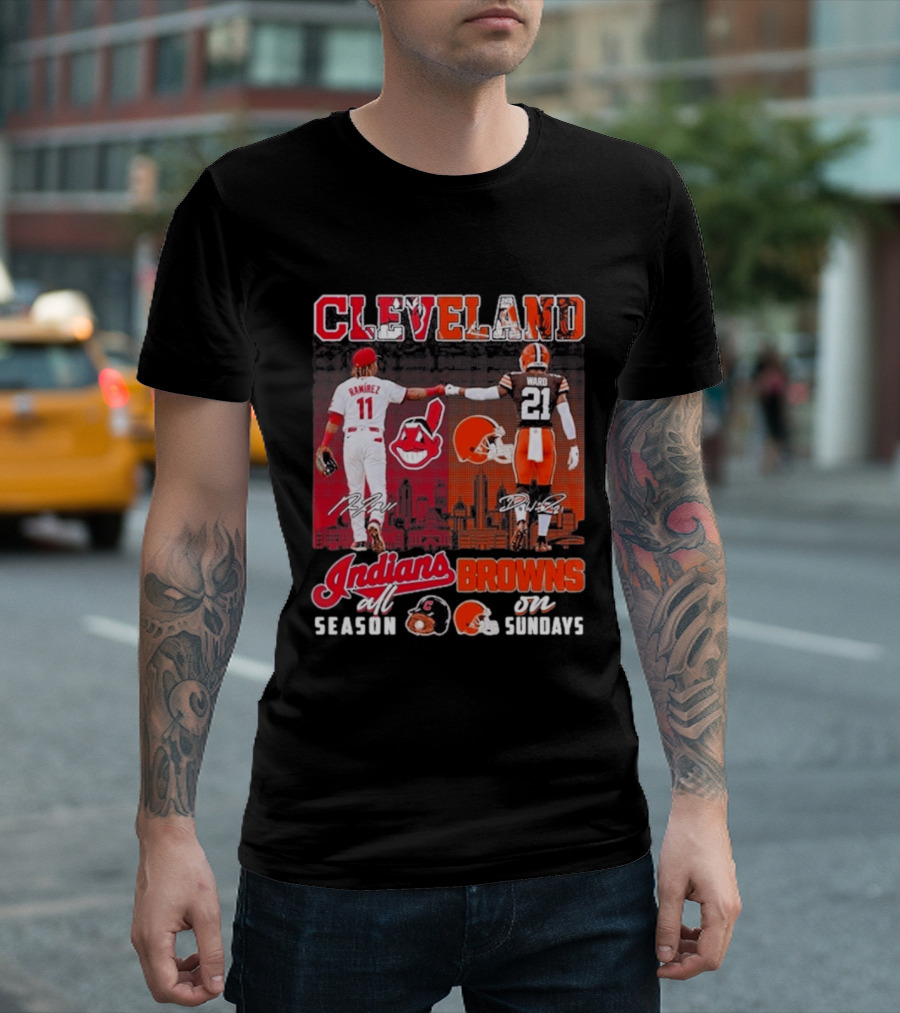 Cleveland José Ramírez Fist Bump Denzel Ward Indians All Season Browns On Sundays City Skyline T-Shirt
