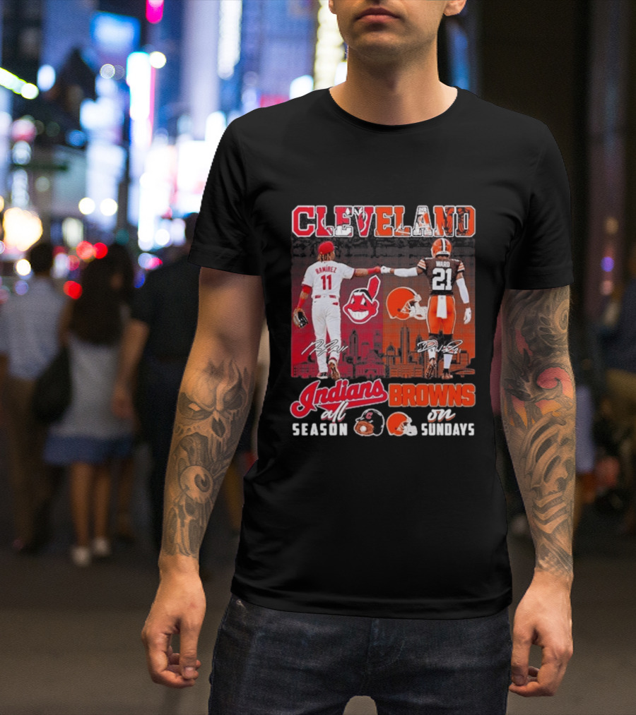 Cleveland José Ramírez Fist Bump Denzel Ward Indians All Season Browns On Sundays City Skyline T-Shirt