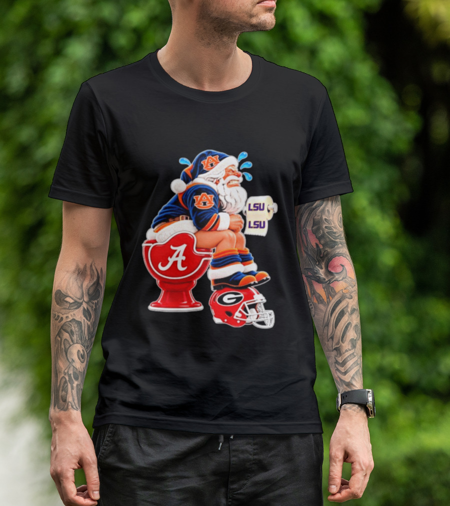 Auburn Santa On Alabama Crimson Tide Toilet With LSU Paper Georgia Bulldogs Helmet Football Humor T-Shirt