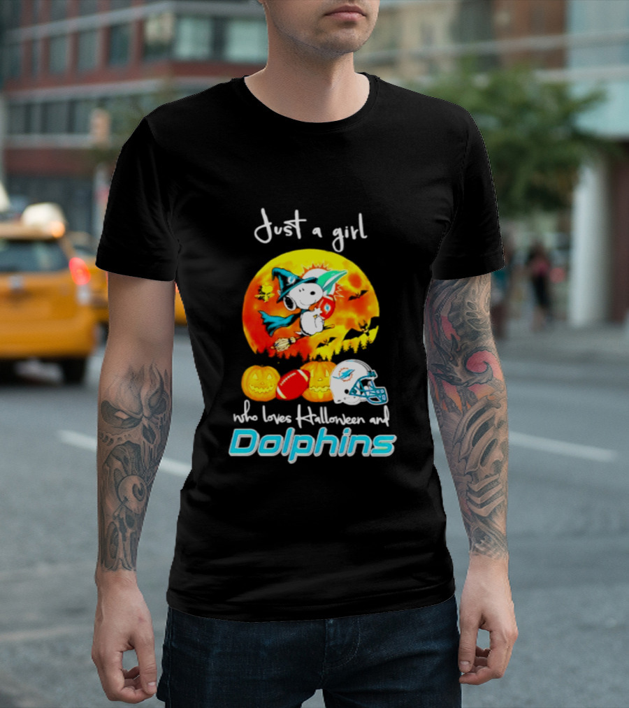 Just A Girl Who Loves Halloween And Miami Dolphins Snoopy Woodstock Pumpkin Football T-Shirt