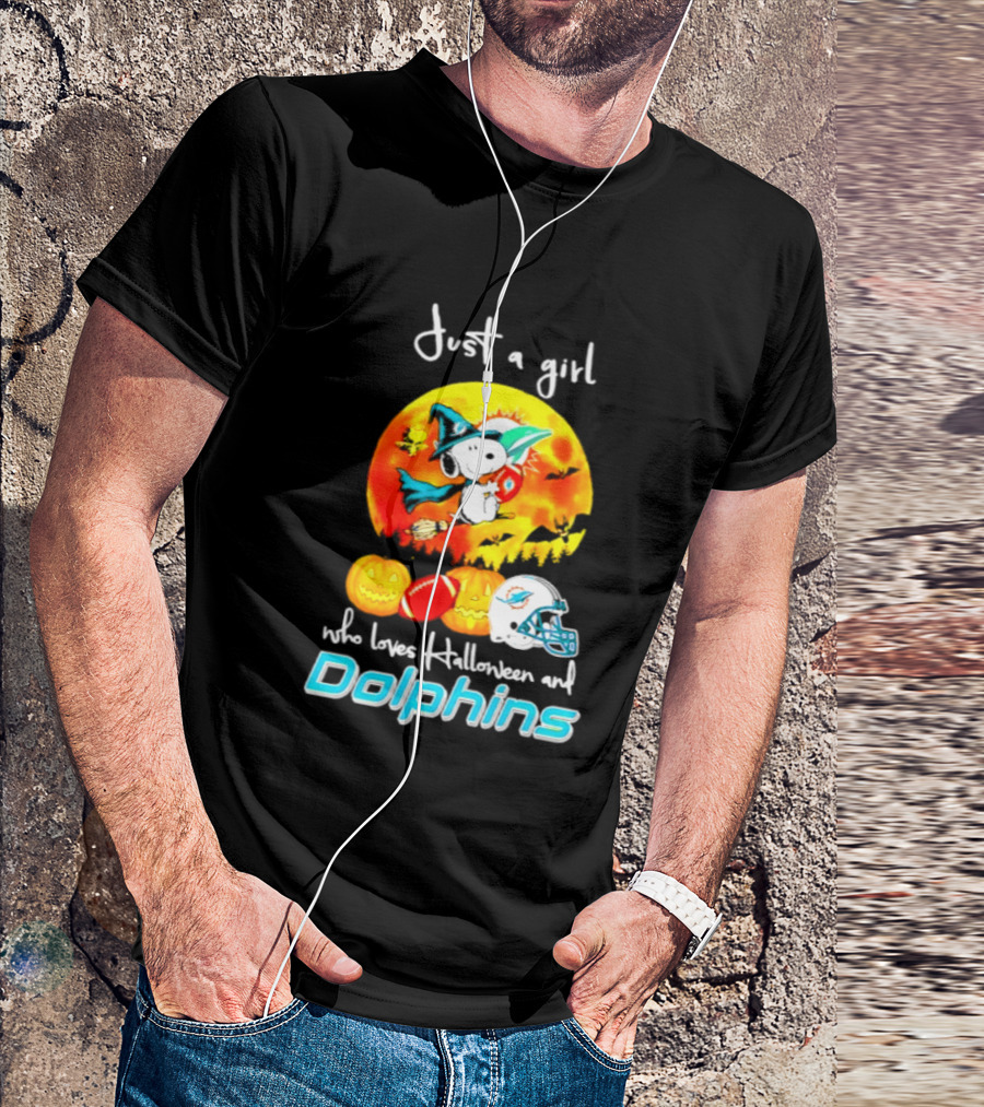 Just A Girl Who Loves Halloween And Miami Dolphins Snoopy Woodstock Pumpkin Football T-Shirt