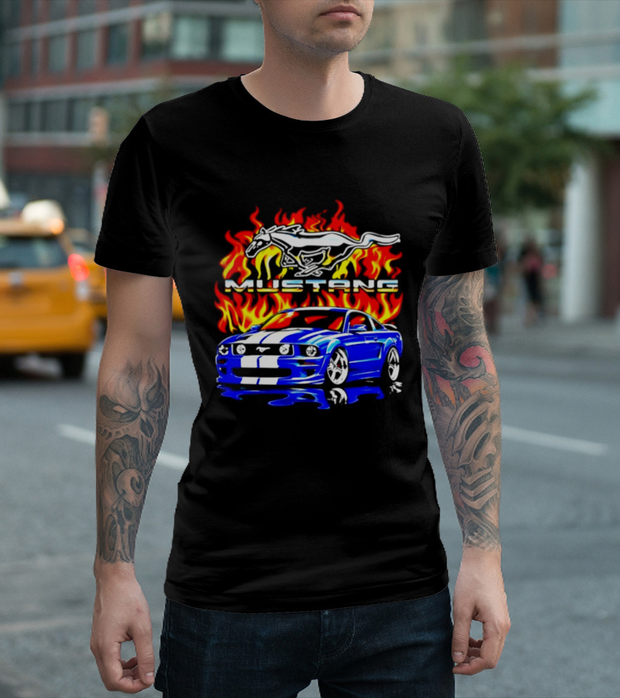 Mustang Blue Car With Flaming Horse And Fire T-Shirt