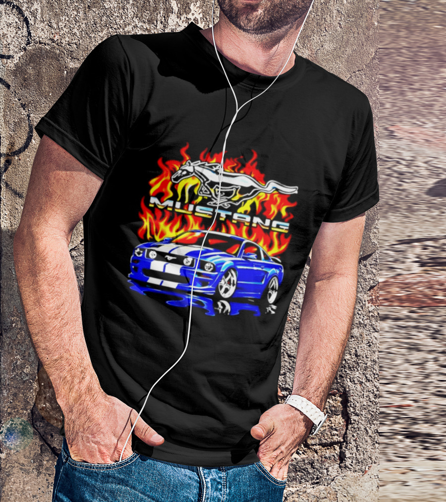 Mustang Blue Car With Flaming Horse And Fire T-Shirt