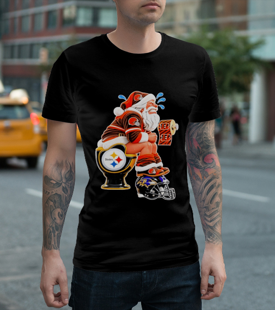 Santa Claus Cleveland Browns Toilet Sitting Steelers Ravens Bengals Meme T-Shirt