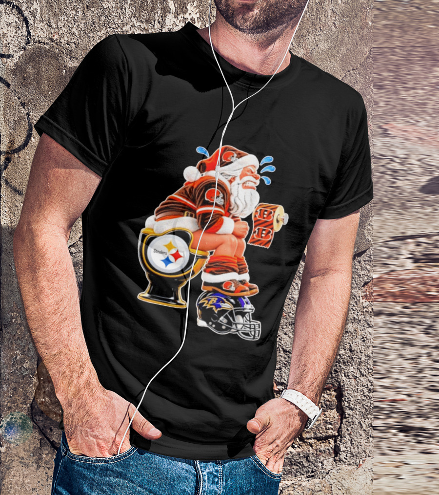 Santa Claus Cleveland Browns Toilet Sitting Steelers Ravens Bengals Meme T-Shirt