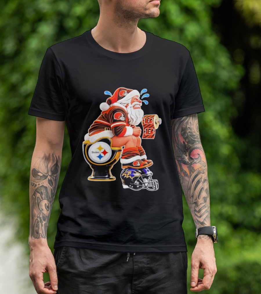 Santa Claus Cleveland Browns Toilet Sitting Steelers Ravens Bengals Meme T-Shirt