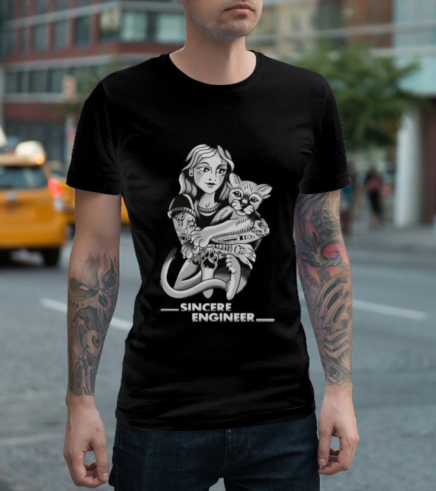 Sincere Engineer Punk Alternative Tattooed Girl Hugging Cat T-Shirt