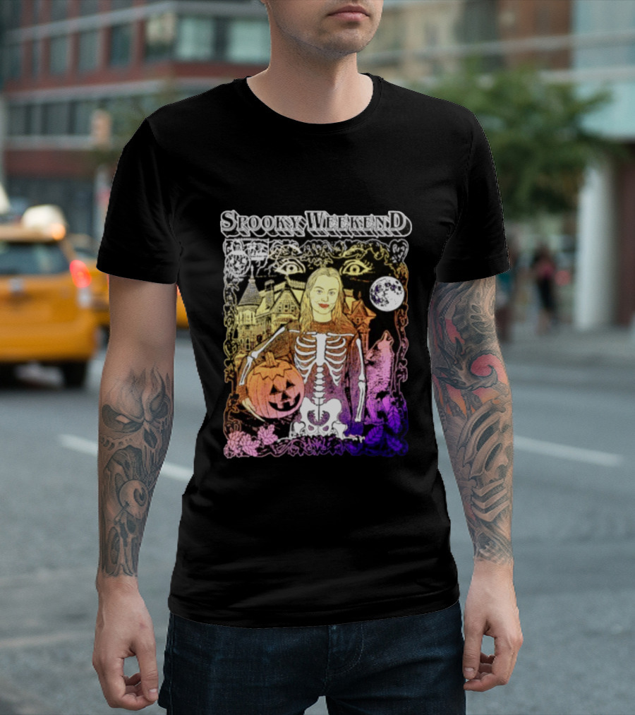 Spooky Weekend Skeleton Pumpkin Haunted House Halloween Magic Moonlit Night T-Shirt