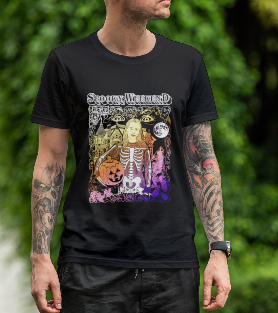 Spooky Weekend Skeleton Pumpkin Haunted House Halloween Magic Moonlit Night T-Shirt