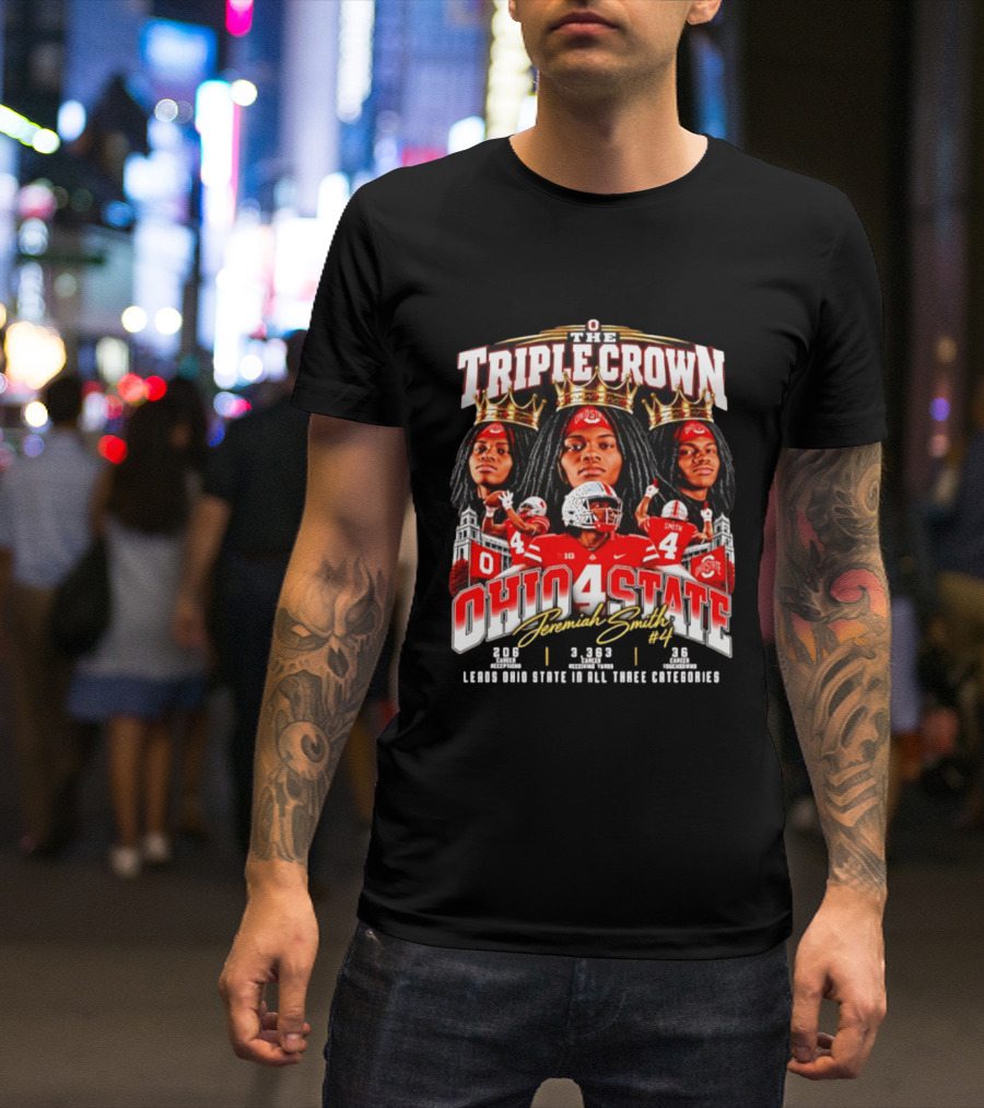 Ohio State Buckeyes Jeremiah Smith #4 The Triple Crown Leading In All Three Categories T-Shirt