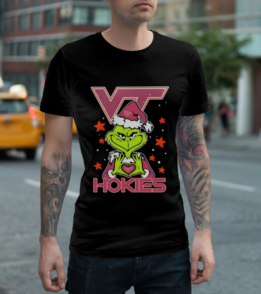 Virginia Tech Hokies Grinch Christmas Love Hands Football 2026 T-Shirt