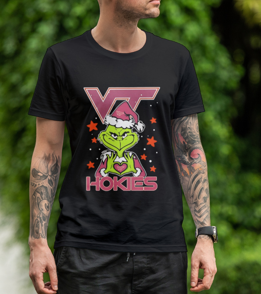 Virginia Tech Hokies Grinch Christmas Love Hands Football 2026 T-Shirt