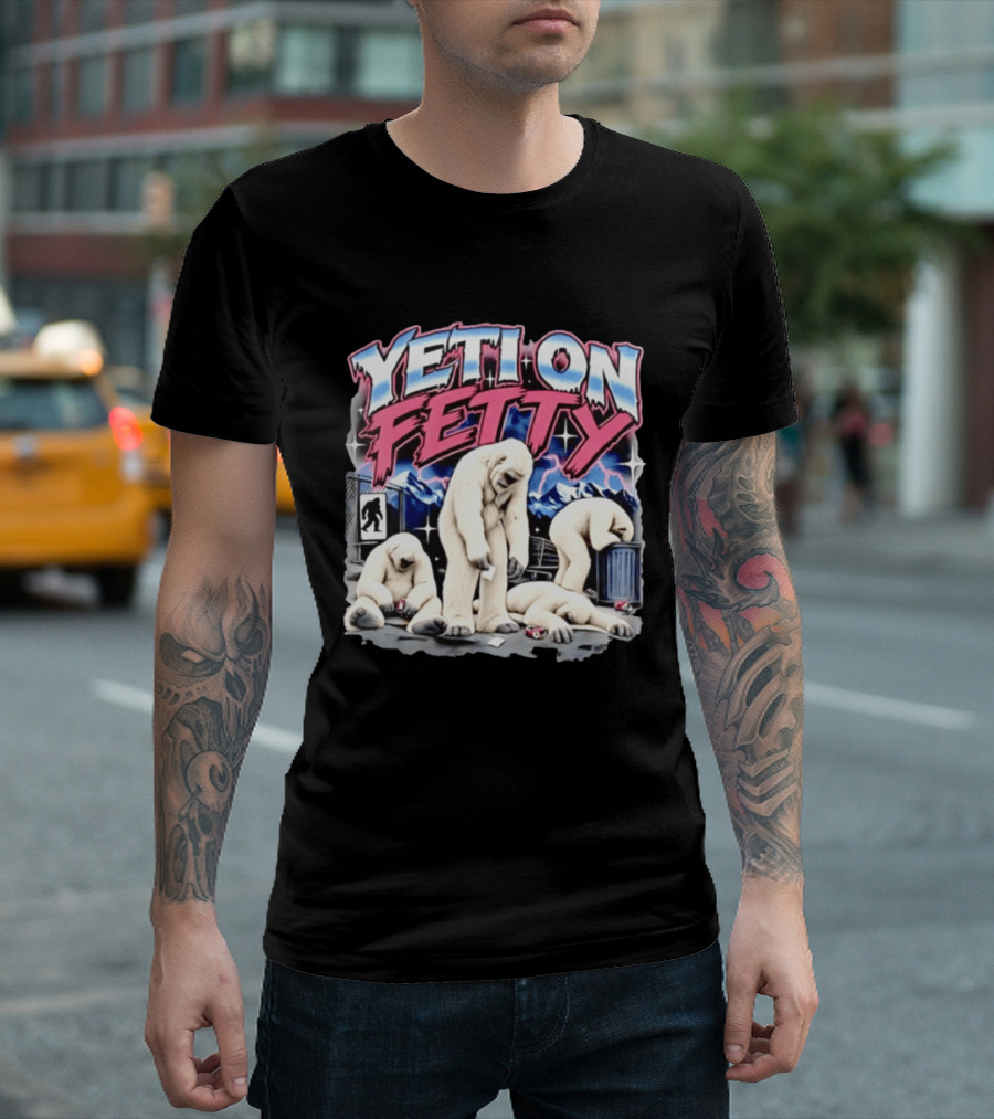 Yeti On Fetty Bigfoot Snowy Mountain Scene T-Shirt
