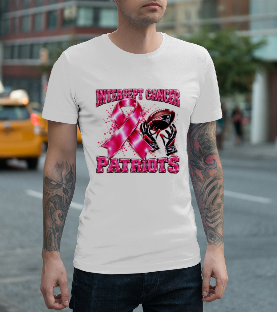 Intercept Cancer New England Patriots 2026 Football Gloves Pink Ribbon Awareness T-Shirt