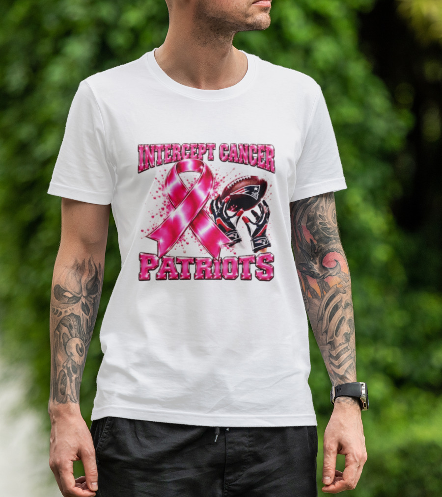 Intercept Cancer New England Patriots 2026 Football Gloves Pink Ribbon Awareness T-Shirt