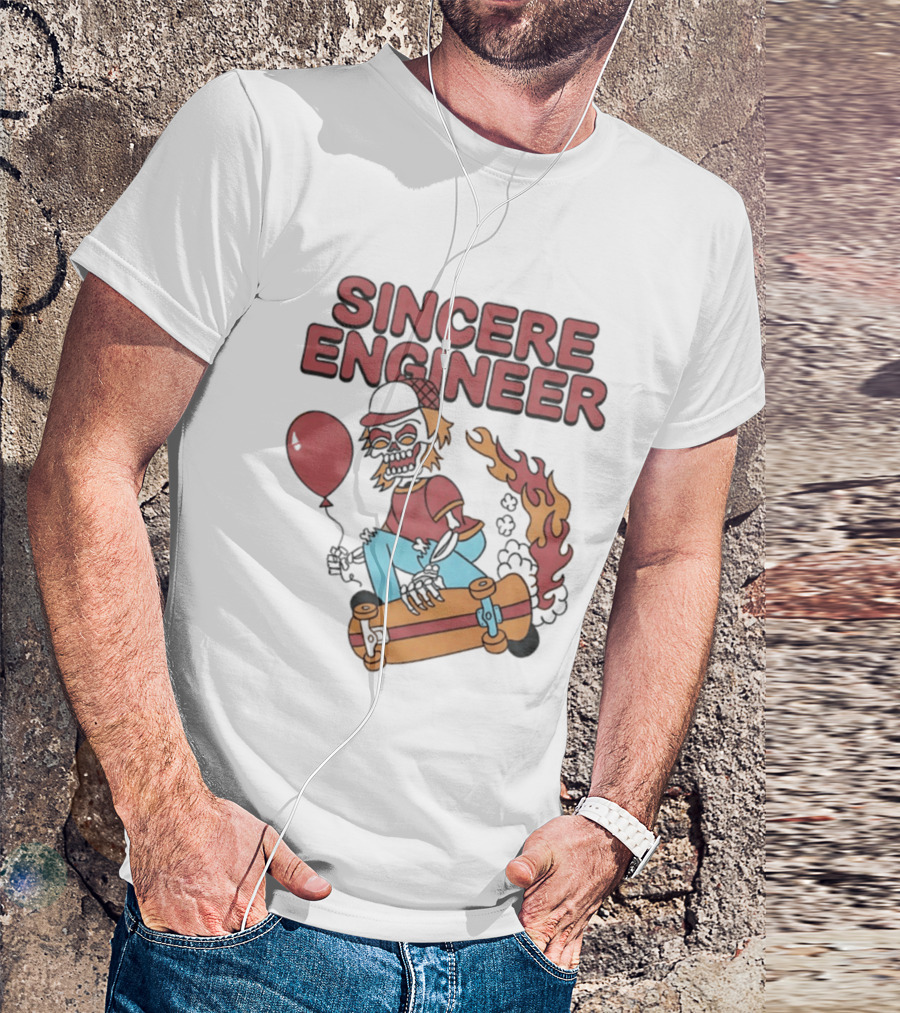 Sincere Engineer Skeleton Skateboarder With Balloon And Flaming Wheels T-Shirt