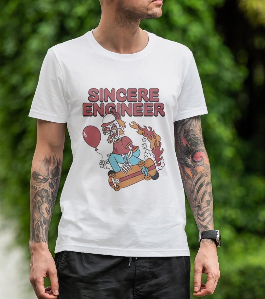 Sincere Engineer Skeleton Skateboarder With Balloon And Flaming Wheels T-Shirt