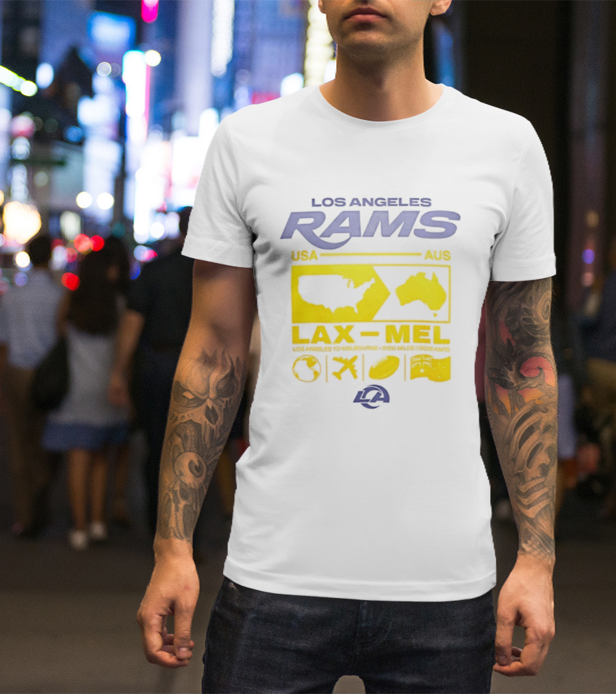 Los Angeles Rams LAX To MEL 2026 USA To Australia Football Journey T-Shirt