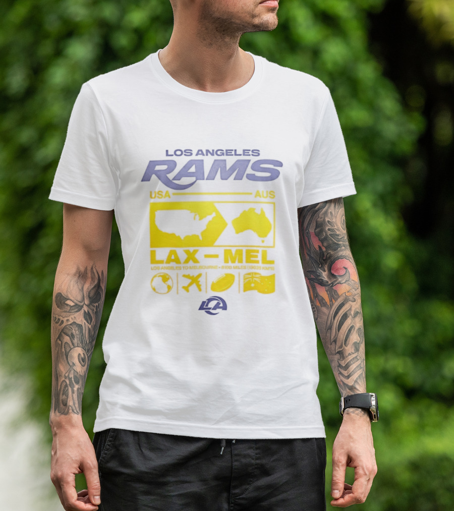 Los Angeles Rams LAX To MEL 2026 USA To Australia Football Journey T-Shirt
