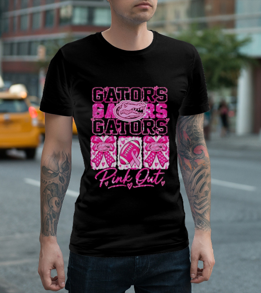 Gators Pink Out Breast Cancer Awareness Game Day Bow Ribbon Football T-Shirt