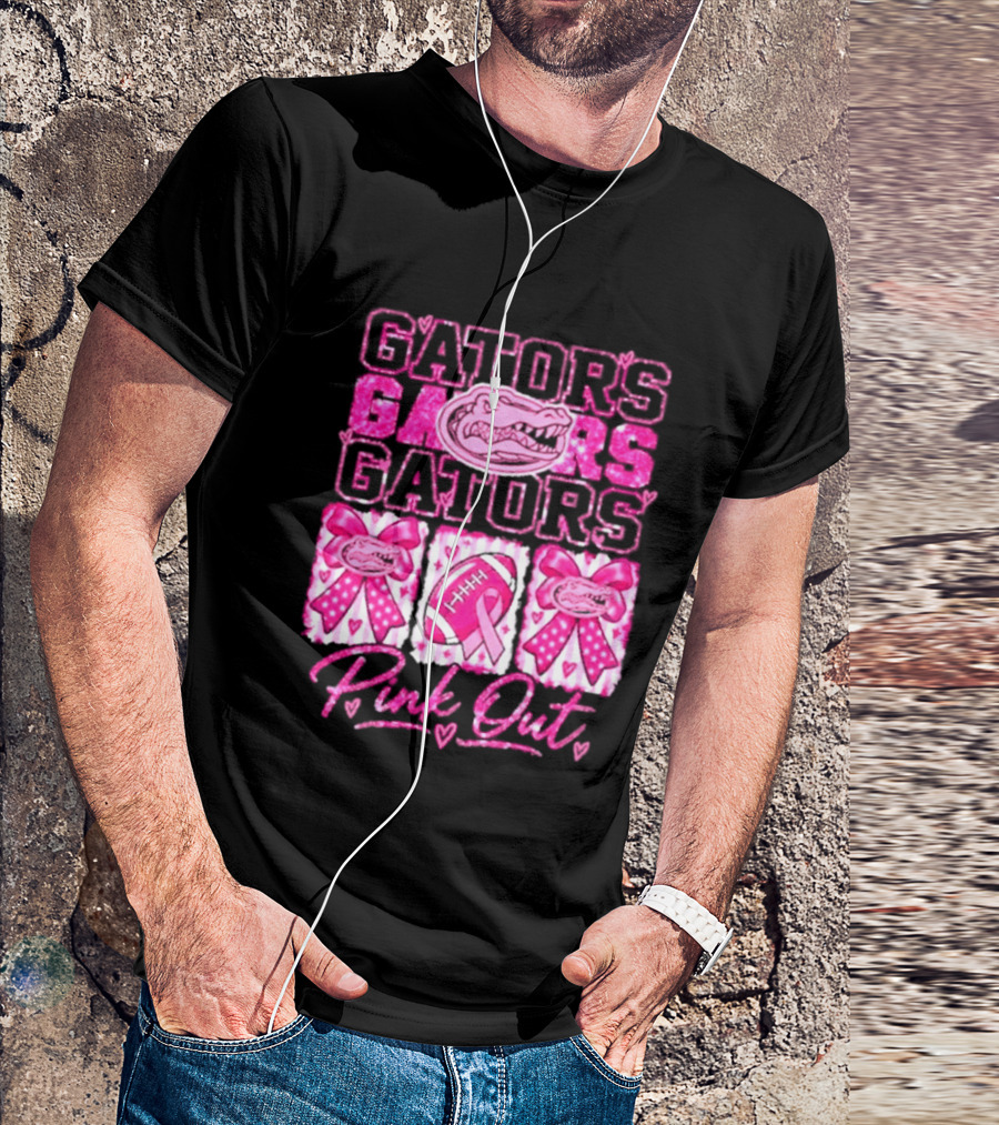 Gators Pink Out Breast Cancer Awareness Game Day Bow Ribbon Football T-Shirt