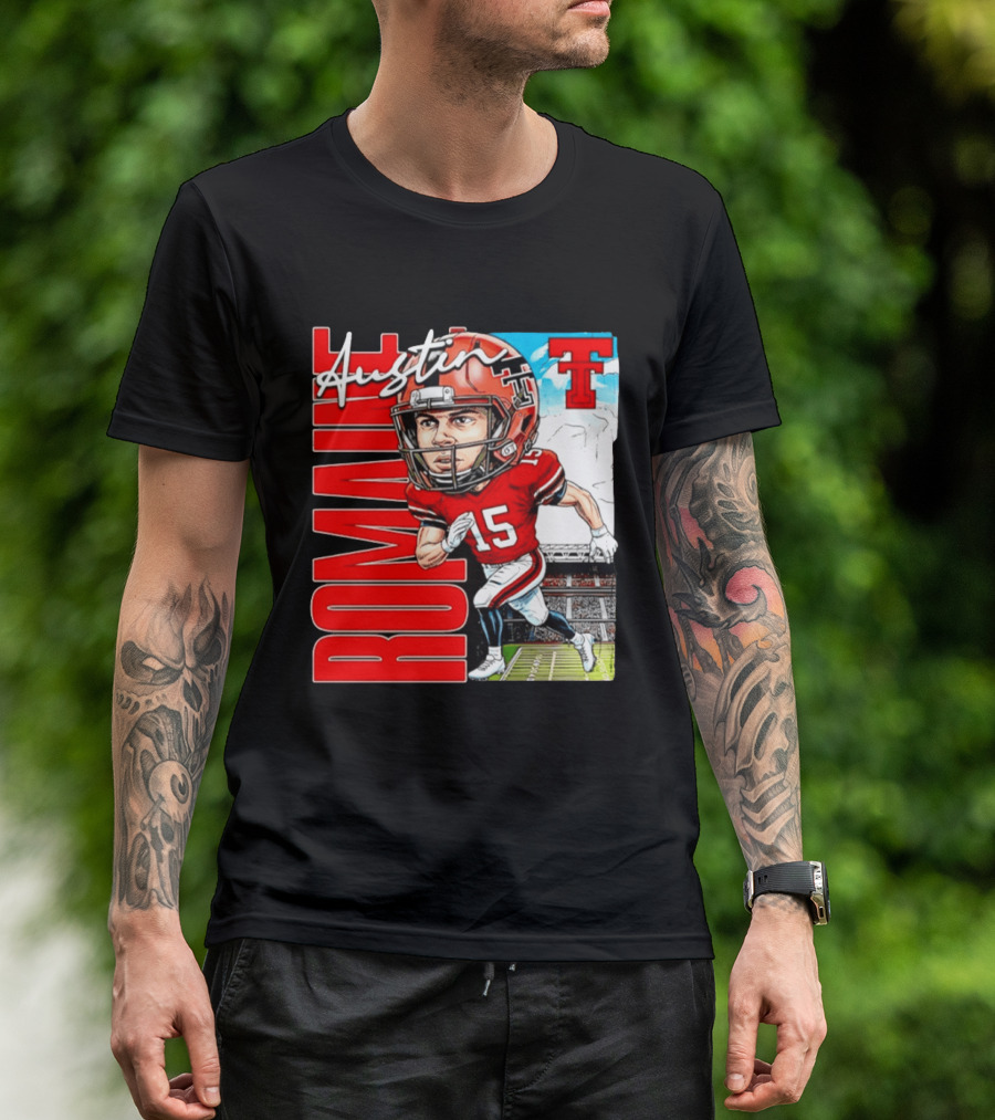 Austin Romaine Texas Tech Red Raiders Football NCAA Stadium Caricature T-Shirt