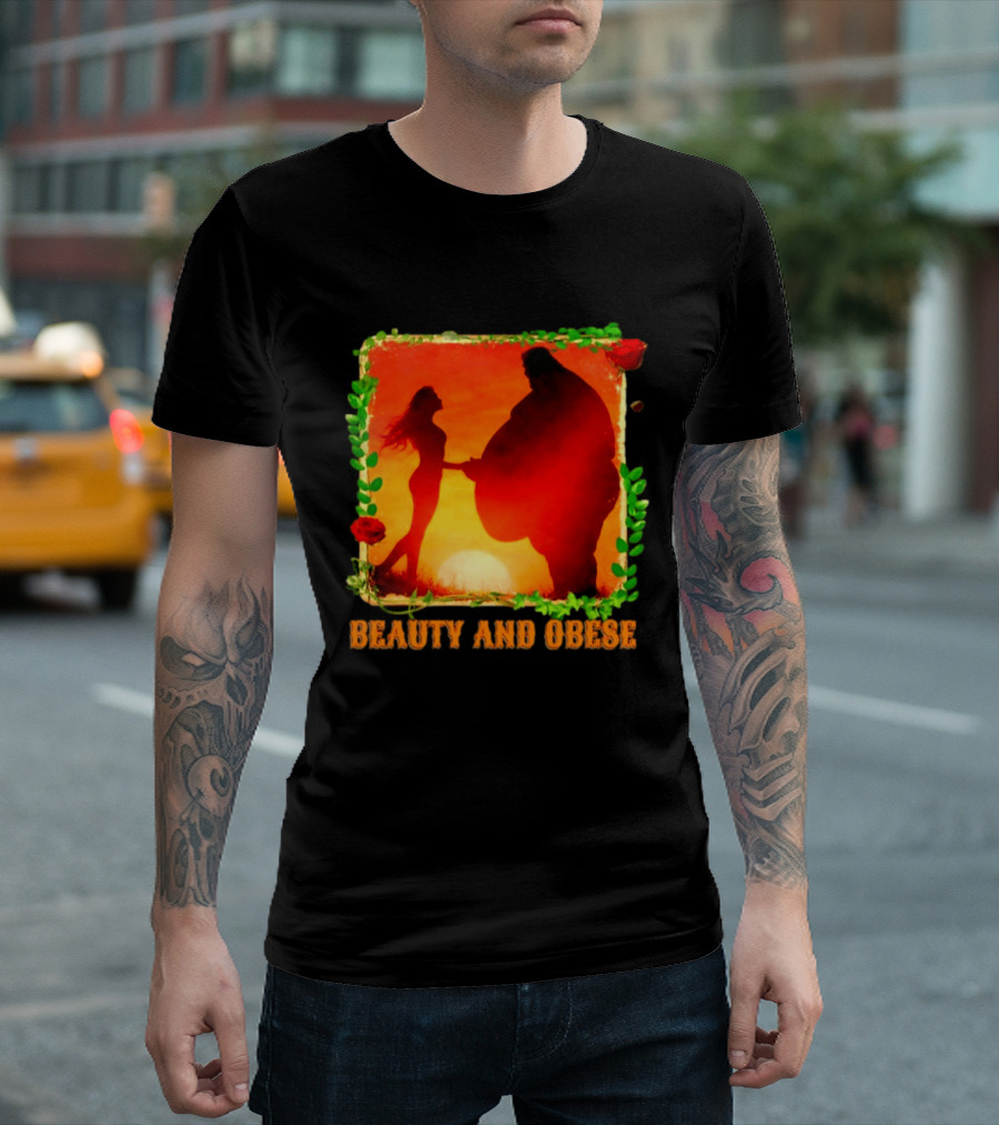 Beauty And Obese Romantic Satire With Sunset Silhouette And Roses T-Shirt