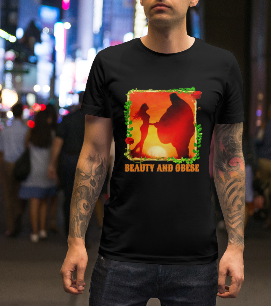 Beauty And Obese Romantic Satire With Sunset Silhouette And Roses T-Shirt