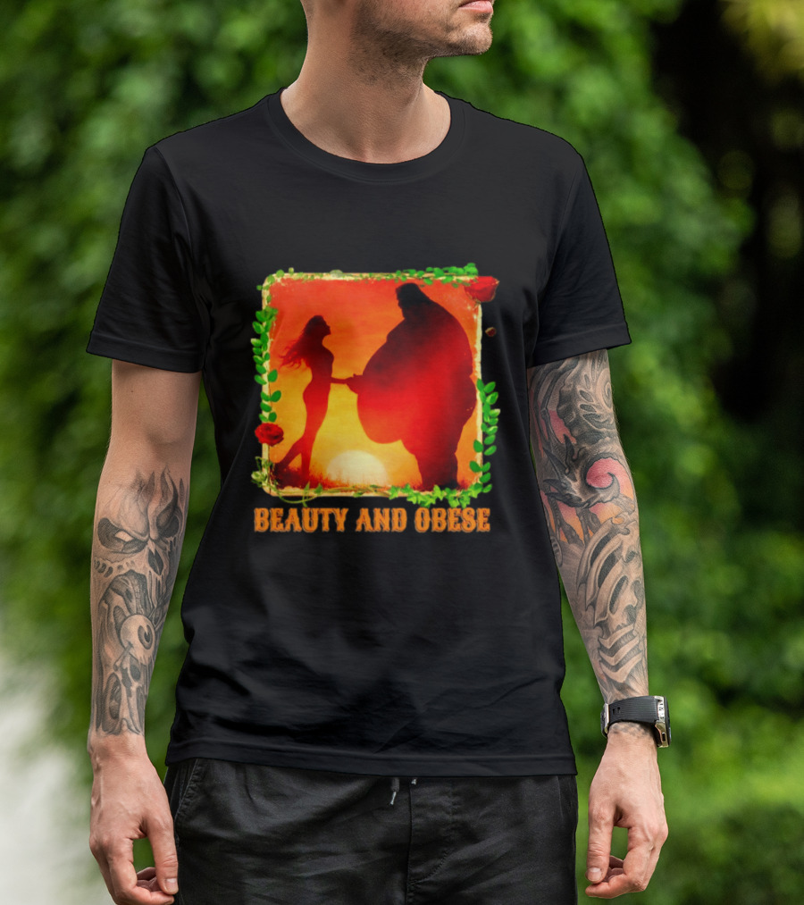 Beauty And Obese Romantic Satire With Sunset Silhouette And Roses T-Shirt