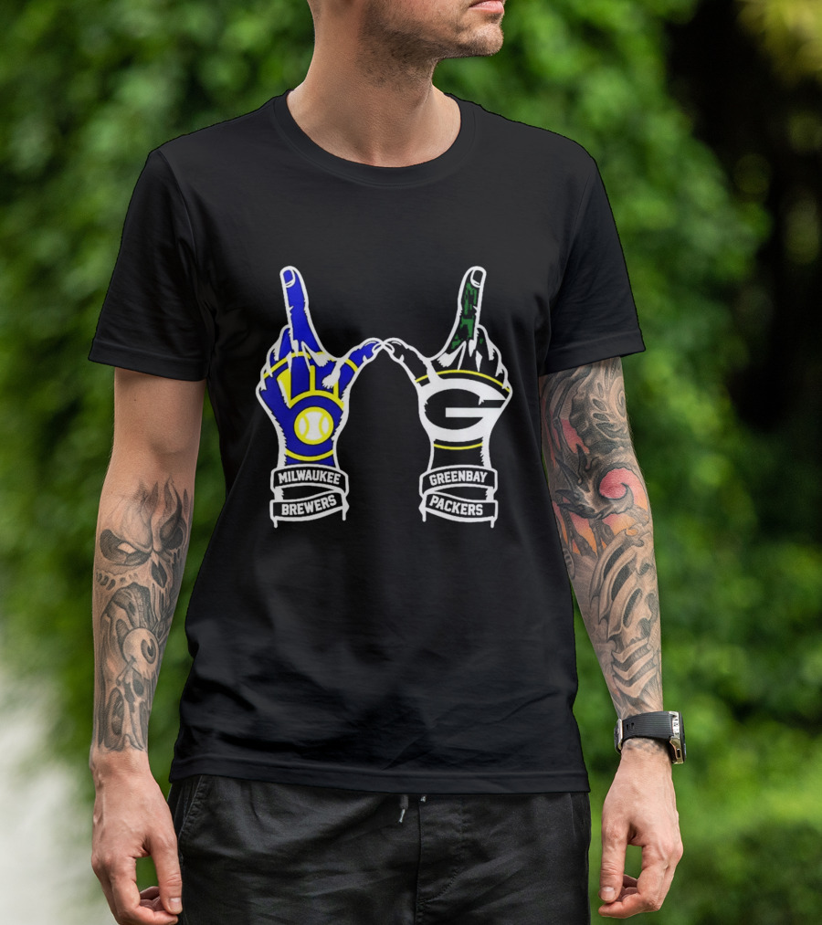 Milwaukee Brewers And Green Bay Packers Hand Gesture Wisconsin Sports Pride T-Shirt