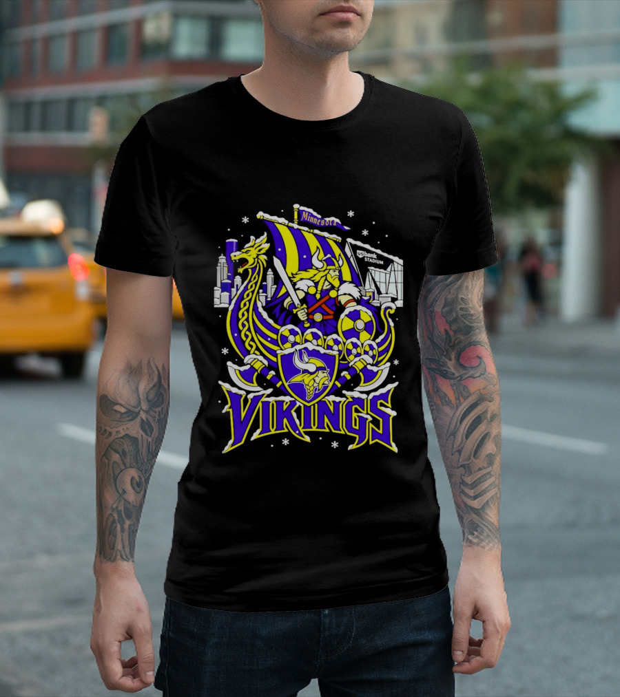 Minnesota Vikings Ship US Bank Stadium Winter City Skyline T-Shirt