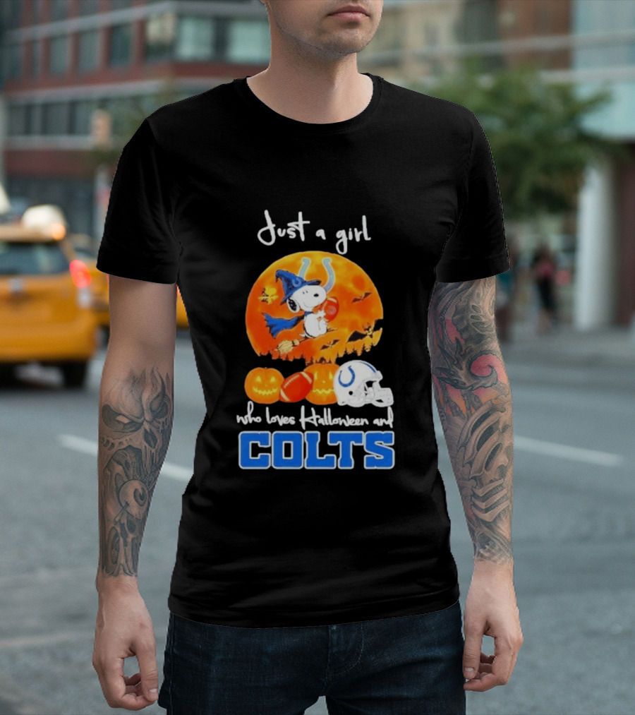 Just A Girl Who Loves Halloween And Colts Snoopy Woodstock Collaboration T-Shirt