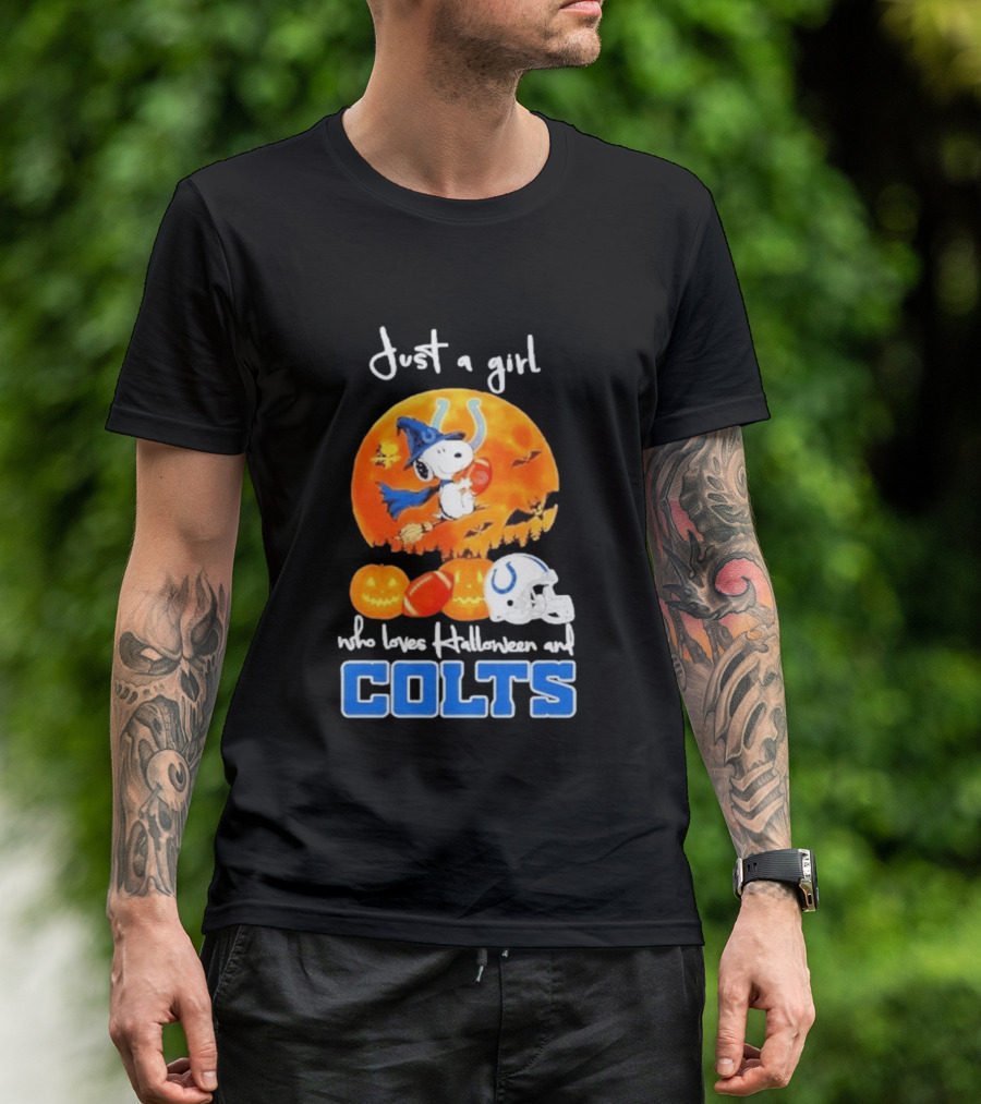 Just A Girl Who Loves Halloween And Colts Snoopy Woodstock Collaboration T-Shirt