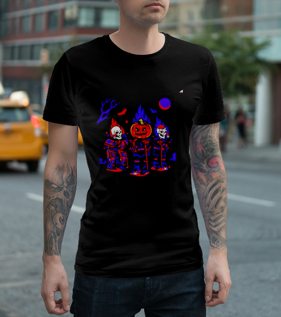 Halloween Pumpkin Skeleton Hockey Players Spooky Sports T-Shirt