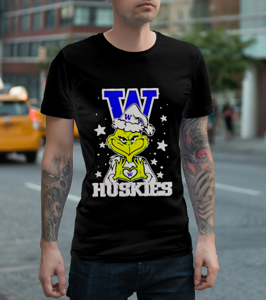 Washington Huskies Grinch Santa Hat Christmas Heart Hands W Monogram T-Shirt