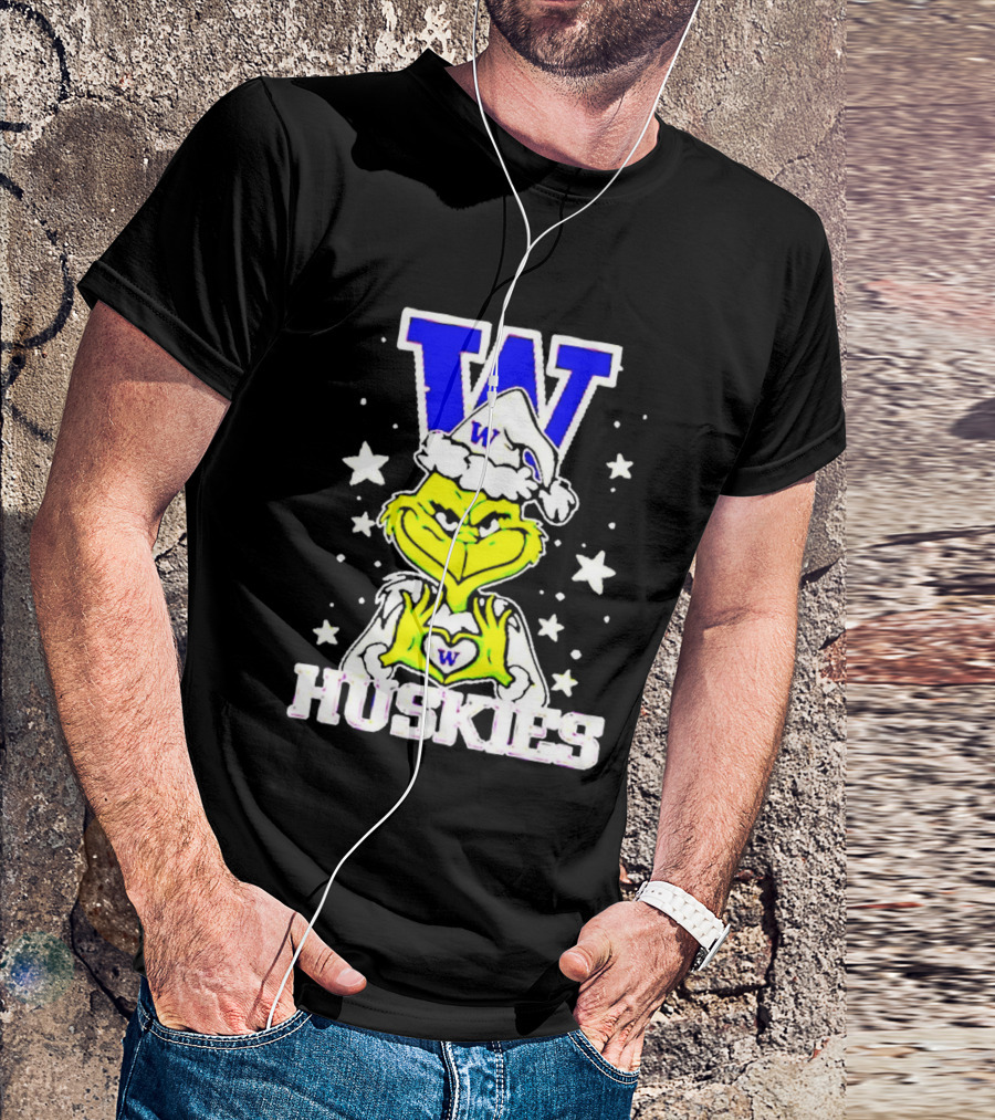 Washington Huskies Grinch Santa Hat Christmas Heart Hands W Monogram T-Shirt