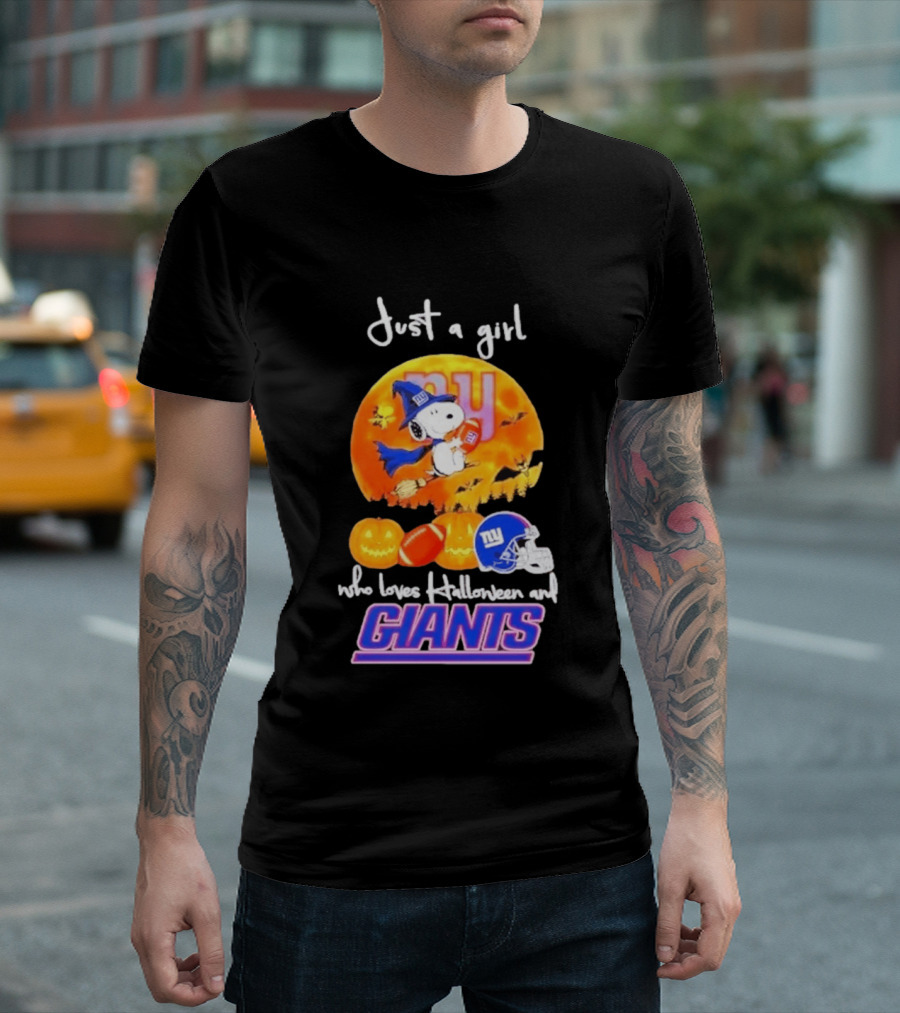 Just A Girl Who Loves Halloween New York Giants Snoopy Woodstock T-Shirt