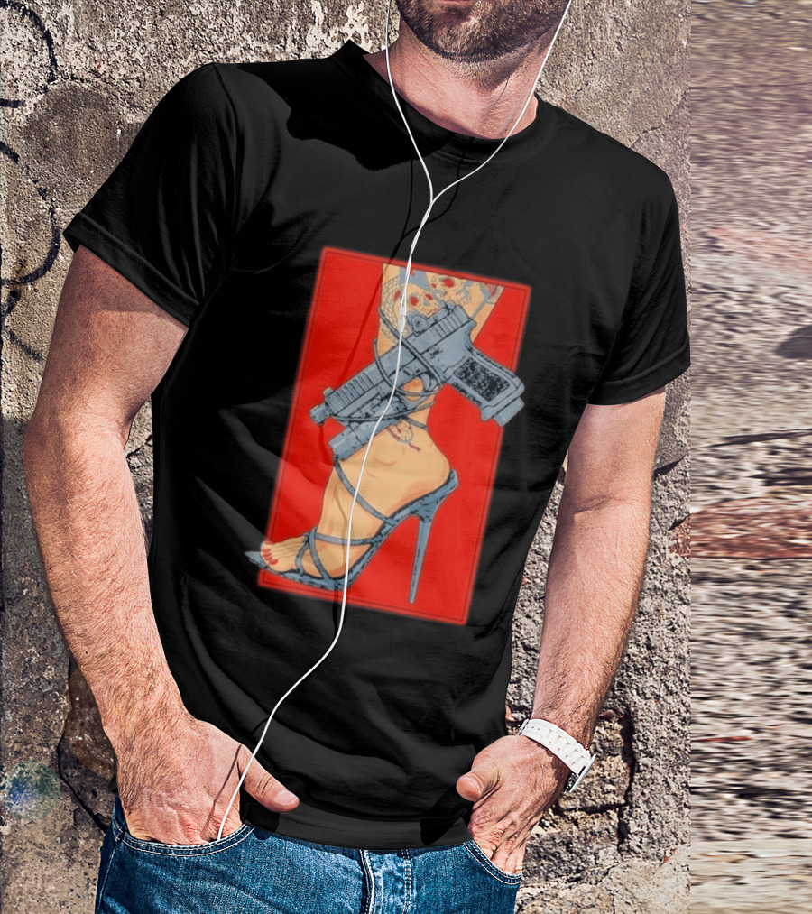 High Heel Stiletto With Gun And Tattoo Art On Red T-Shirt