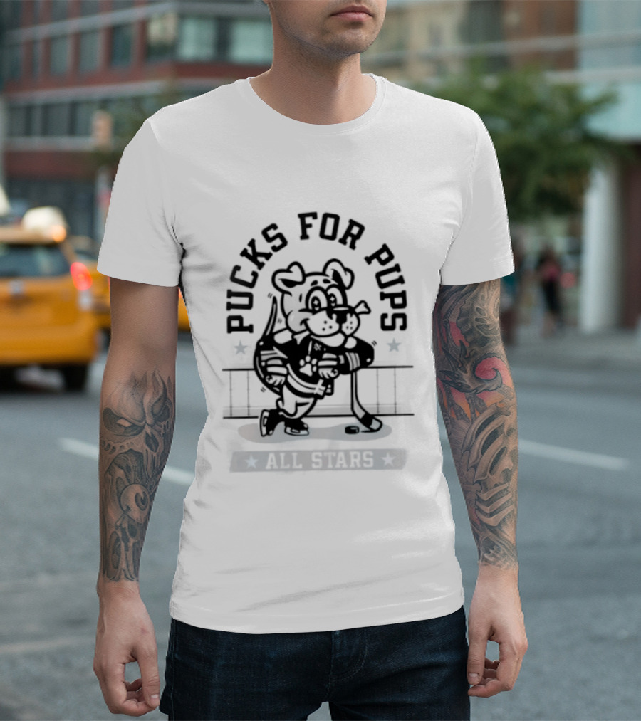 Pucks For Pups All Stars Hockey Dog With Hockey Stick T-Shirt