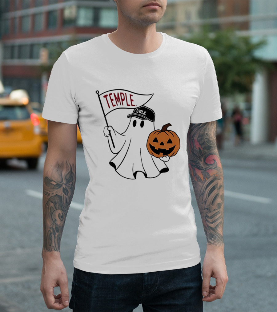 Temple Owls Halloween Ghost With Pumpkin And Flag T-Shirt