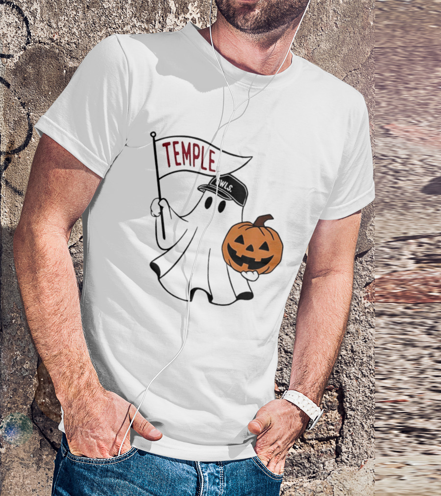 Temple Owls Halloween Ghost With Pumpkin And Flag T-Shirt