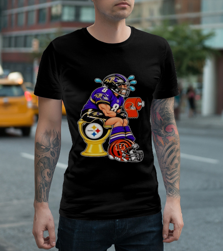 Baltimore Ravens Lamar Jackson On Steelers Toilet With Browns Toilet Paper And Bengals Helmet T-Shirt