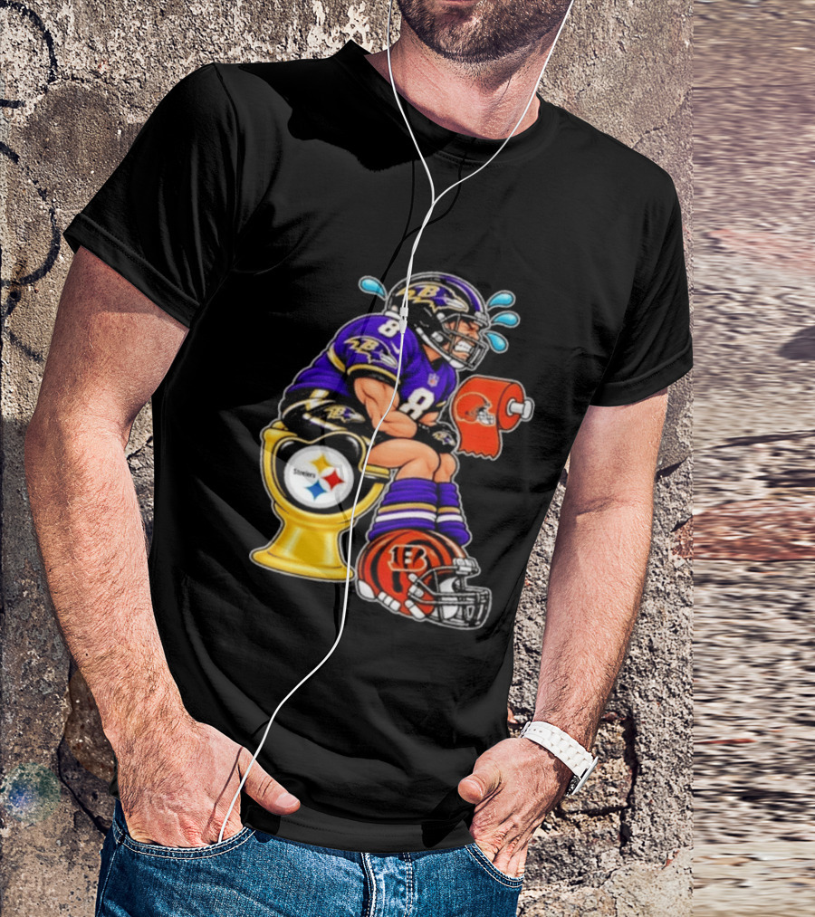 Baltimore Ravens Lamar Jackson On Steelers Toilet With Browns Toilet Paper And Bengals Helmet T-Shirt