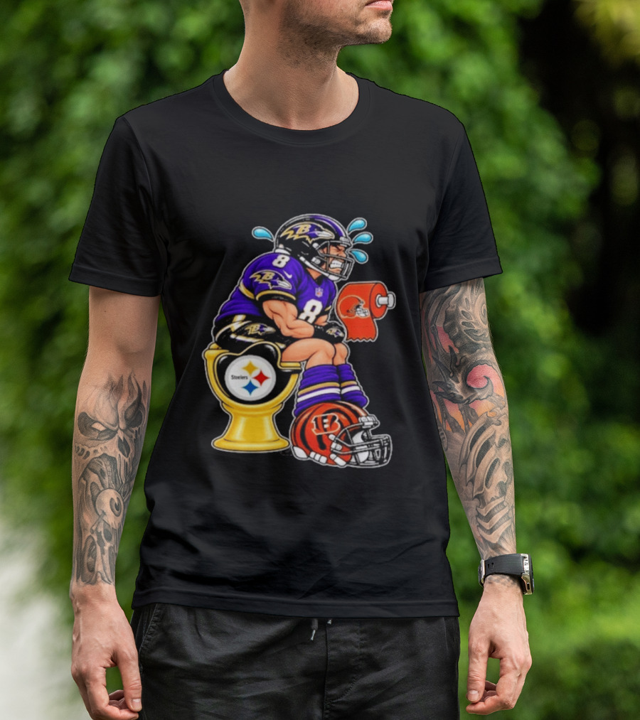 Baltimore Ravens Lamar Jackson On Steelers Toilet With Browns Toilet Paper And Bengals Helmet T-Shirt