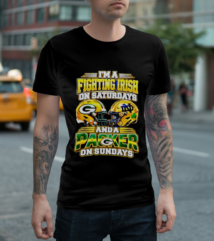 I'm A Fighting Irish On Saturdays And A Packer On Sundays Football Helmet T-Shirt