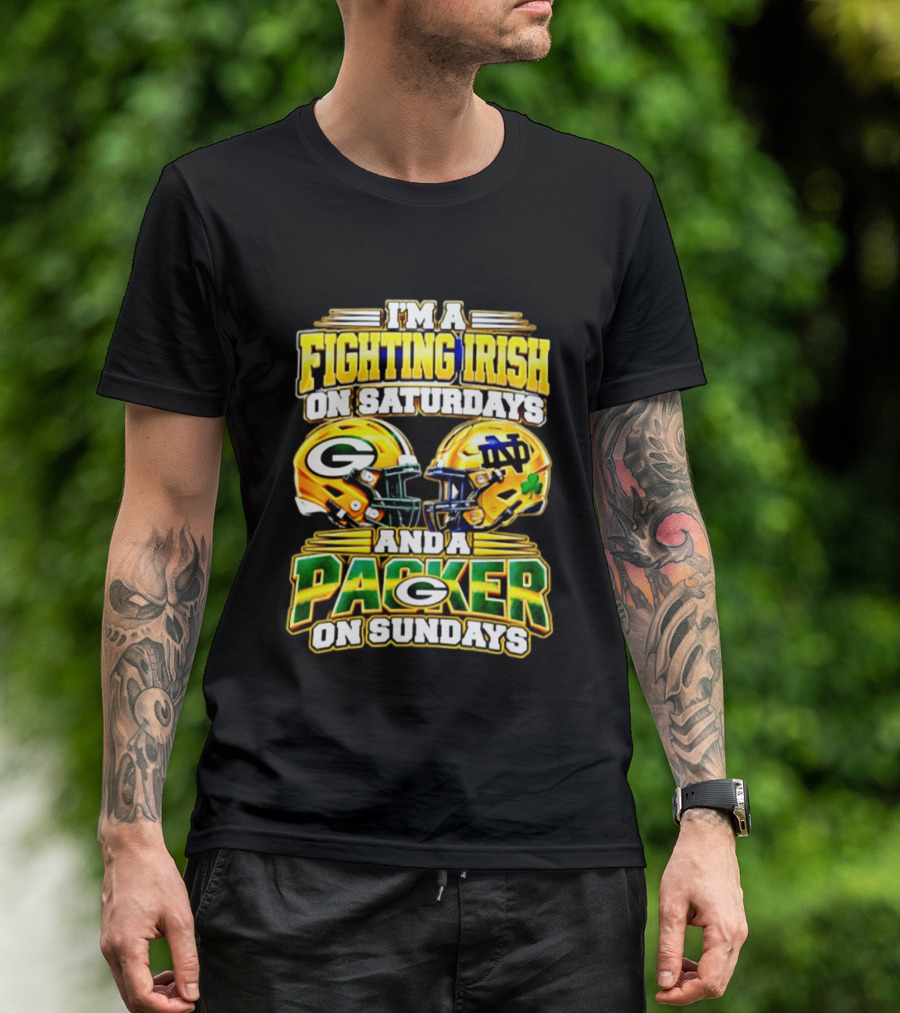 I'm A Fighting Irish On Saturdays And A Packer On Sundays Football Helmet T-Shirt