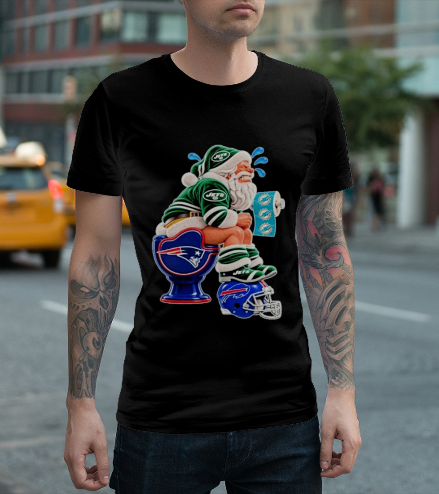 New England Patriots Miami Dolphins Buffalo Bills New York Jets Santa Football Christmas T-Shirt