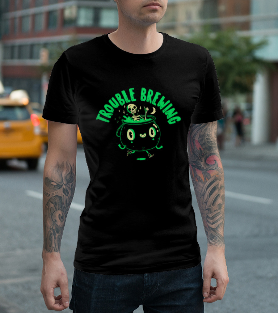 Skeleton Trouble Brewing Halloween 2026 Cauldron Moon T-Shirt