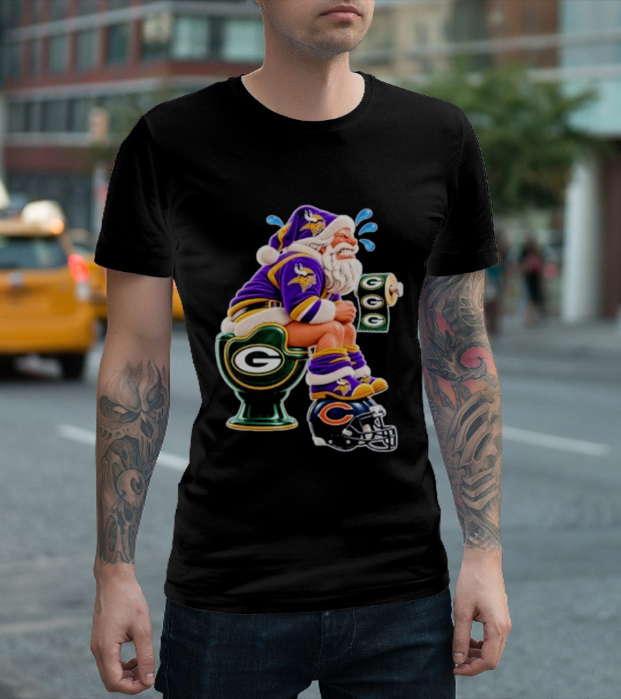 Minnesota Vikings Santa With Green Bay Packers Toilet And Chicago Bears Helmet Christmas Football T-Shirt
