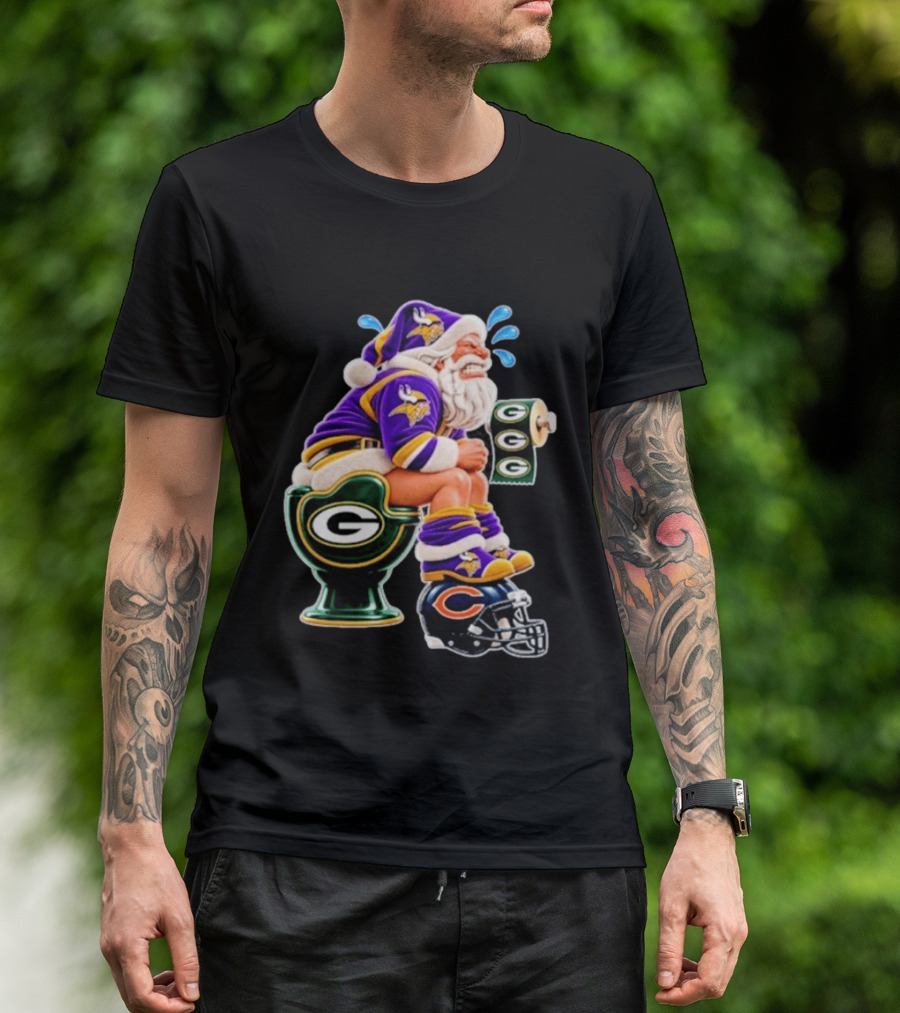 Minnesota Vikings Santa With Green Bay Packers Toilet And Chicago Bears Helmet Christmas Football T-Shirt